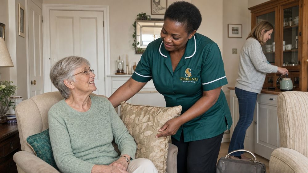Urgent Home Care in St Albans: Help This Week Carer helping an older woman settle at home in St Albans after hospital while her daughter makes tea